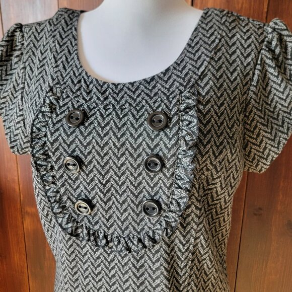 Retro Indie Twee Women L Black Gray Chevron Mini Dress Ruffle Bib Panel 2000s - Picture 6 of 14